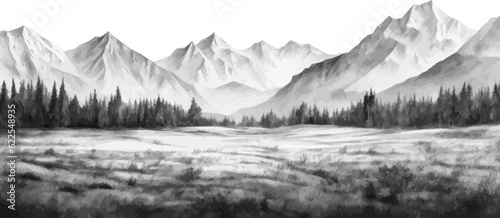 Hand drawn mountain range nature landscape. Greyscale abstract panorama with rocky mountains skyline. Vector illustration.