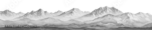 Hand drawn mountain range nature landscape. Greyscale abstract panorama with rocky mountains skyline. Vector illustration. © Bisams