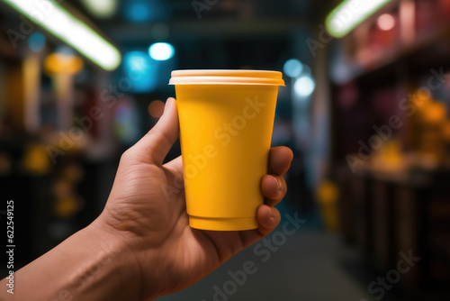 A caucasian person holds a yellow paper cup of coffee in his hand in a close-up photo outdoor on summer daytime street. Lifestyle of relaxing in the city with breakfast. Generative ai