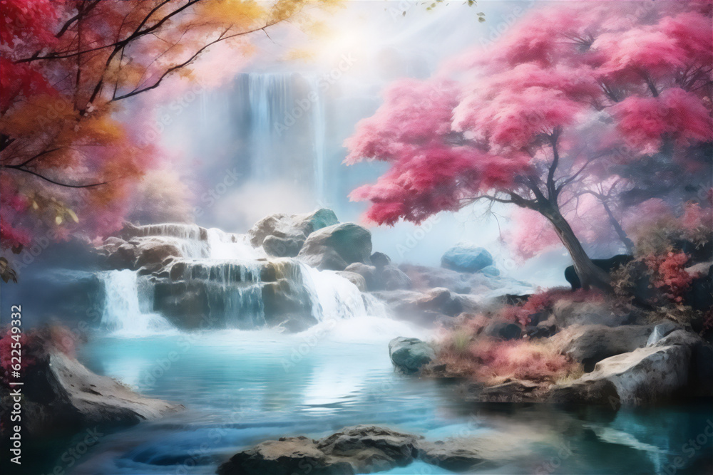 Scenic view of waterfall in autumn in forest, create using generative AI tools