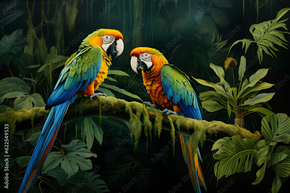 macaw parrots on a tropical jungle branch macaw parrots on a tropical jungle branch