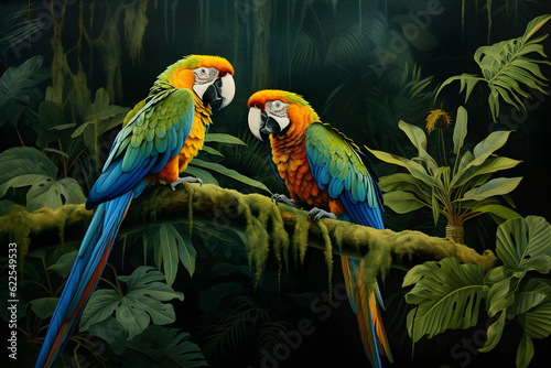 macaw parrots on a tropical jungle branch