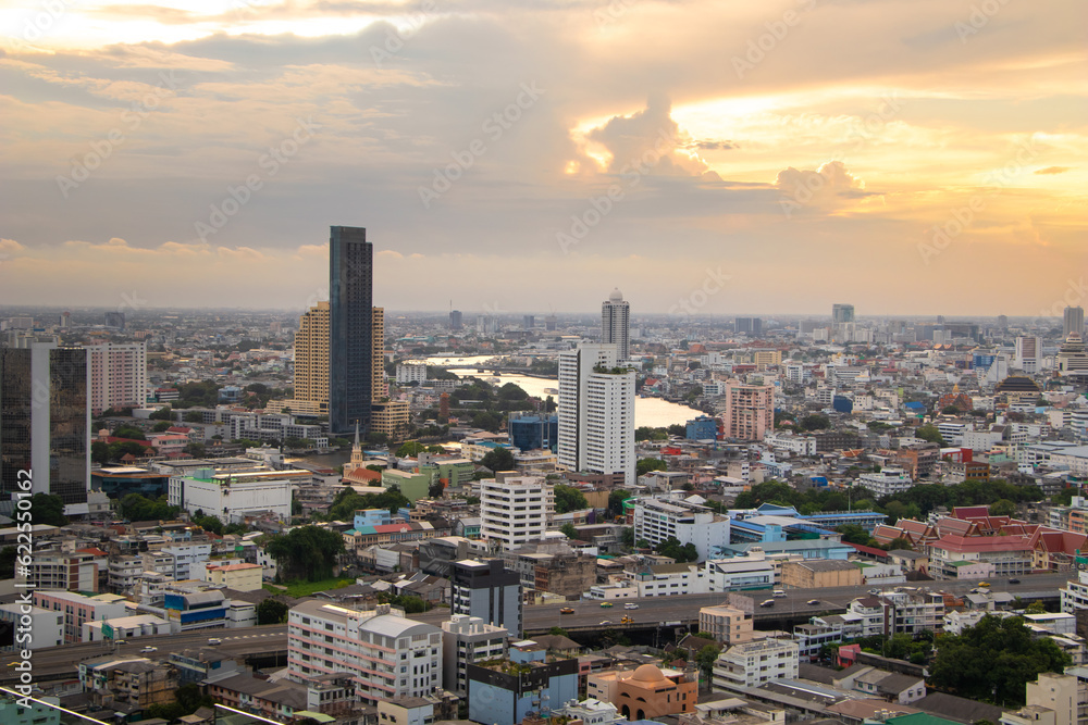 Top view Commercial building in Bangkok city at twilight with skyline,Thailand