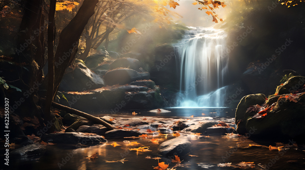 Scenic view of waterfall in autumn in forest, create using generative AI tools