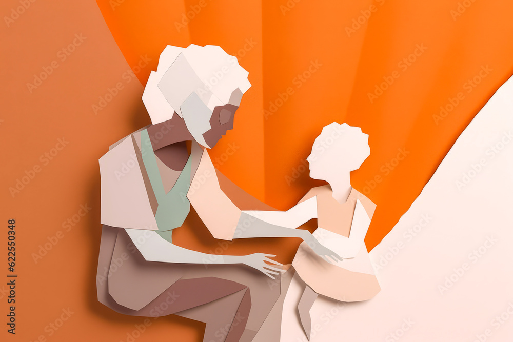 Endearing minimalist paper-cut style illustration of a loving grandmother with grandchild celebrating Grandmother's day. Showcases respect for the elderly. Generative AI - obrazy, fototapety, plakaty 