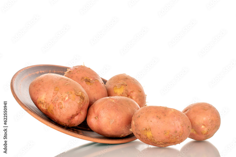 Several organic pink, raw potatoes on a clay plate, macro, isolated on white background. Several organic pink, raw potatoes on a clay plate, macro, isolated on white background.