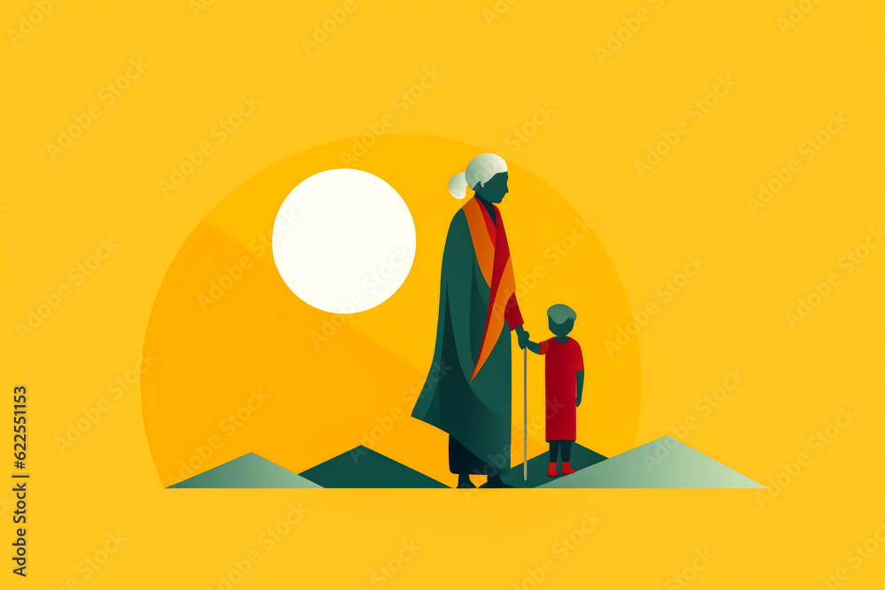 Charming minimalistic illustration of grandmother and grandchild expressing love; perfect for Grandmothers' Day. Captures elder respect, familial bond in neutral tones. Generative AI