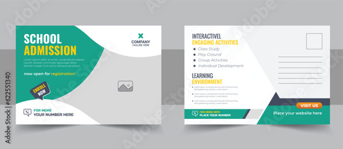 Kids back to school education admission postcard template. Modern professional school admission postcard design layout