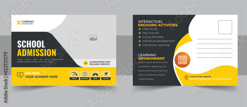 Modern Kids back to school education admission postcard template. Modern professional school admission postcard template design