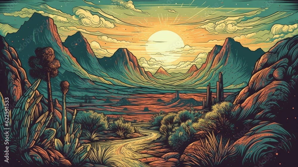 Illustration of stunning landscape minimalism vector art. sunset