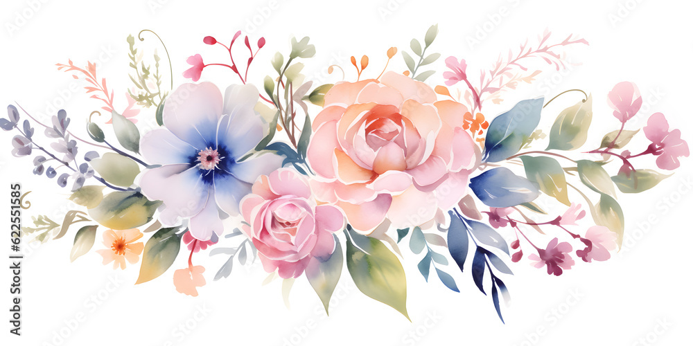 watercolour floral bouquet of flowers border on white background for wedding stationary invitations, greetings, wallpapers, fashion, prints
