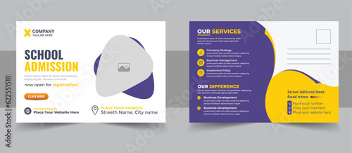 Kids back to school education admission postcard template. Modern professional school admission postcard template layout