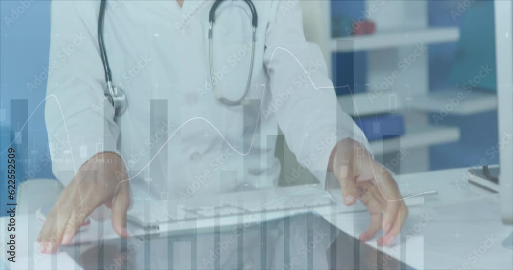 Animation of multiple graphs over female caucasian doctor examining x-ray in hospital Animation of multiple graphs over female caucasian doctor examining x-ray in hospital