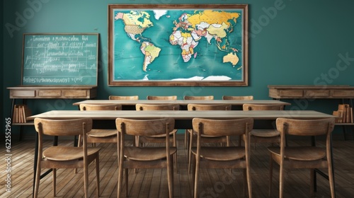 A classroom with a map of the world on the wall. Generative AI image.