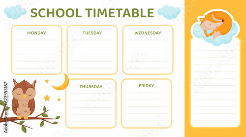 School Timetable with Cute Fox and Owl Having Bedtime Vector Template