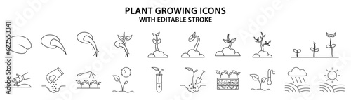 Plant Growing icons. Set icon About  Growing plant. Line icons. Editable Stroke.