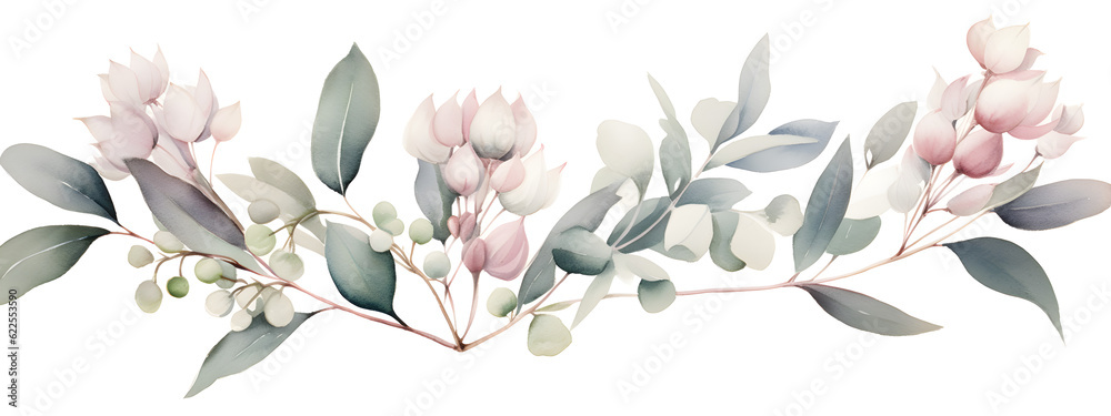 watercolour eucalyptus branch leaves flowers isolated on white for wedding stationary invitations, greetings, wallpapers, fashion, prints