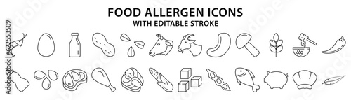 Food Allergen Icons. Set icon about food allergens. Line Icons. vector Illustration. Editable Stroke.
