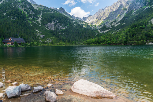 Popradske pleso lake with peaks above in High Tatras mountains in Slovakia