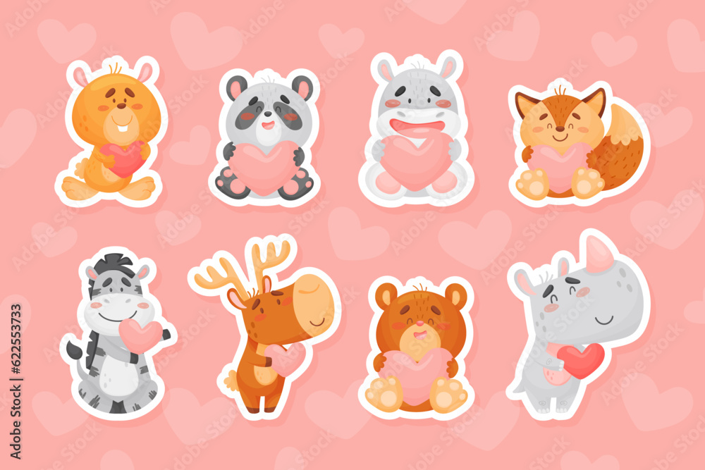 Funny Cartoon Animals with Heart Feel Love Vector Sticker Set Funny Cartoon Animals with Heart Feel Love Vector Sticker Set