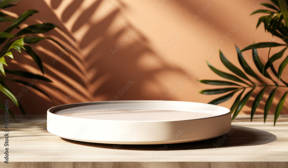 Glamorous Gathering: A Polished Wooden Plate Tray with Natural Grain and Lush Tropical Leaf Shadows on a Rich Brown Wall, Luxury Beauty, Cosmetic, and Organic Food Product Packaging