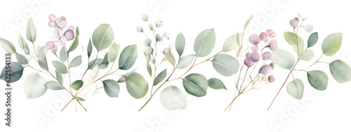 watercolour eucalyptus branch leaves flowers isolated on white for wedding invitations  greetings  wallpapers  fashion  prints