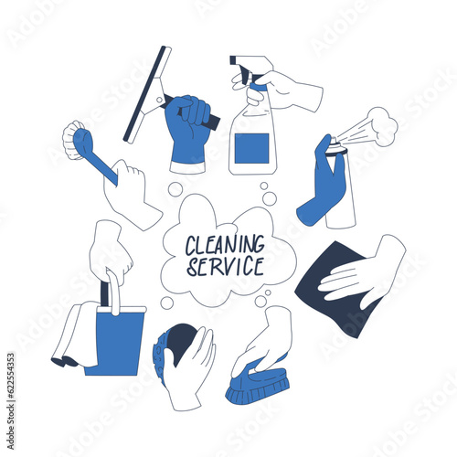 Cleaning Service with Hand Hold Cleanup Supplies Vector Illustration