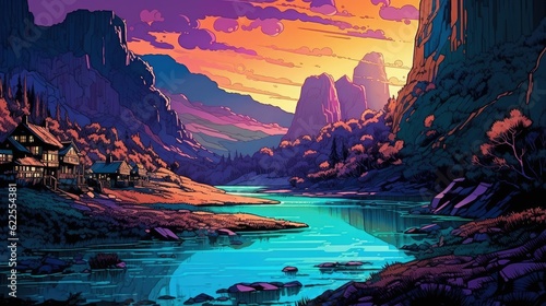 Illustration of stunning landscape minimalism vector art. Purple colors  sunset