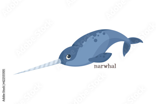 Blue Narwhal with Long Horn as Animal of North Vector Illustration