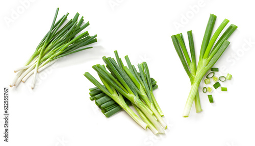 Foto set of green onion isolated on white background.