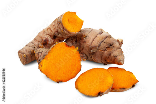 turmeric root with sliced isolated on white background.