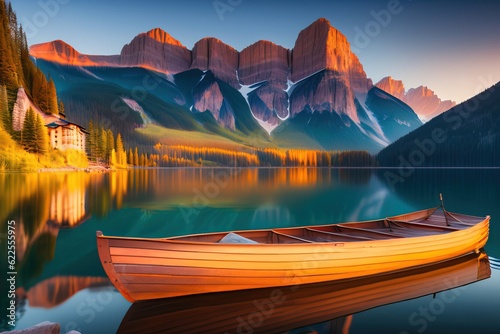 Beautiful view of traditional wooden rowing boat on scenic Lago di Braies in the Dolomites in scenic morning light at sunrise, South Tyrol, Italy