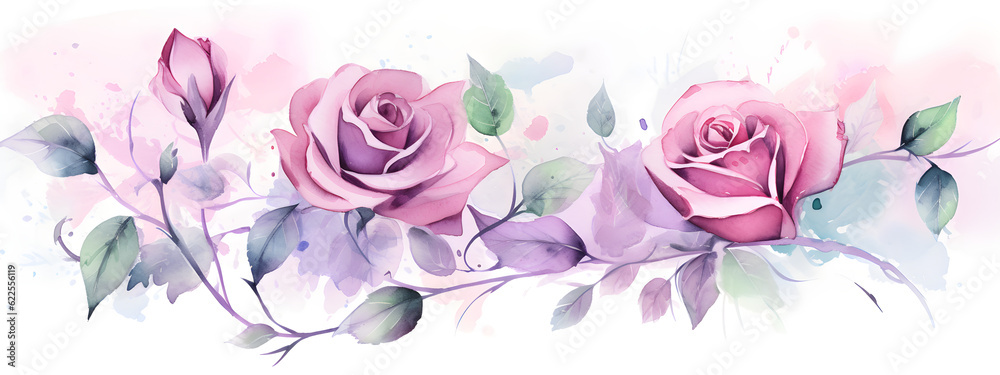 watercolour roses and leaves on a white background for wedding invitations, greetings, wallpapers, fashion, prints
