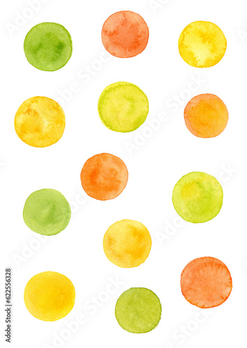 柑橘系をイメージさせる色合いの水彩で描いた円のパターン