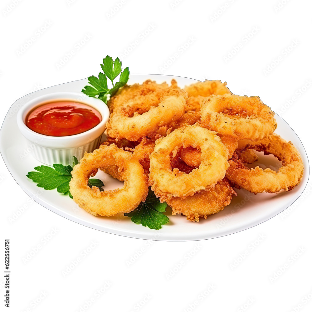 a delicious plate of crispy onion rings with a side of ketchup