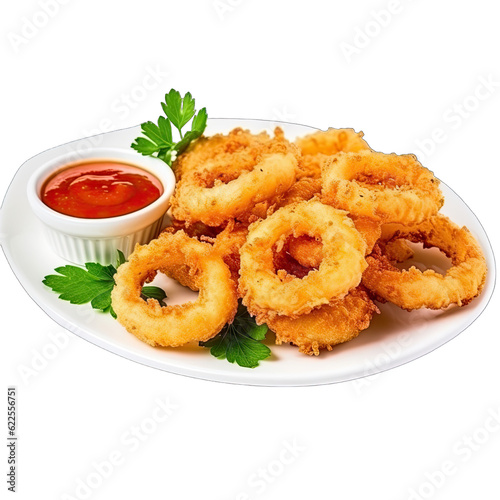 a delicious plate of crispy onion rings with a side of ketchup © LUPACO PNG