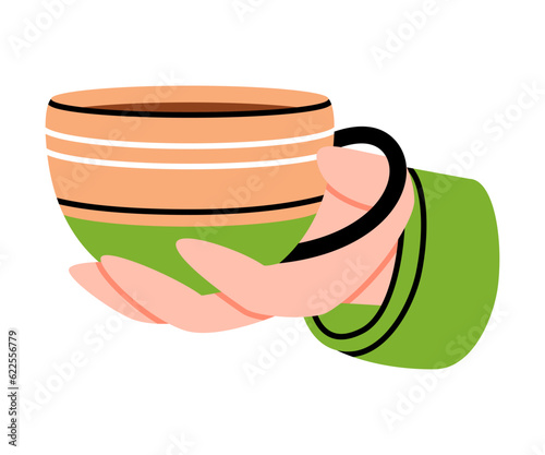 Hand Holding Coffee Cup with Aromatic Drink Vector Illustration