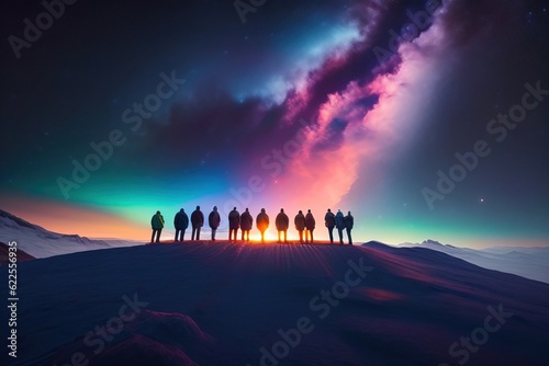 Teamwork and support. A group of people are standing together holding hands against the Milky Way in the mountains.