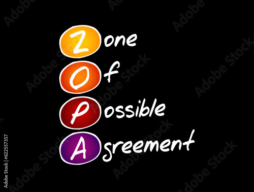 ZOPA Zone Of Possible Agreement - bargaining range in an area where two or more negotiating parties may find common ground, acronym text concept background