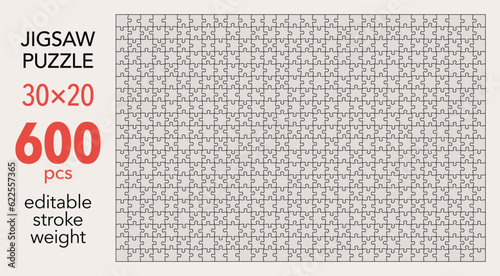 Empty jigsaw puzzle grid template, 30x20 shapes, 600 pieces. Separate matching puzzle elements. Flat vector illustration layout, every piece is a single shape.
