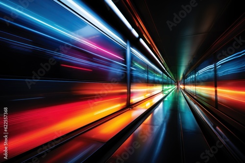 A train traveling down a train track at night. Generative AI image. photo