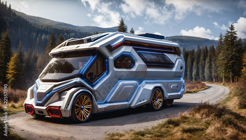 Vision of modern and futuristic camper, the future of caravaning. Generative AI.