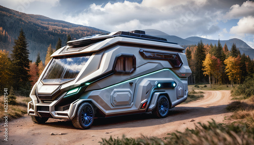 Vision of modern and futuristic camper, the future of caravaning. Generative AI.
