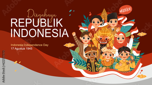Indonesia independence day horizontal banner with set of indonesian character celebrate hut ri