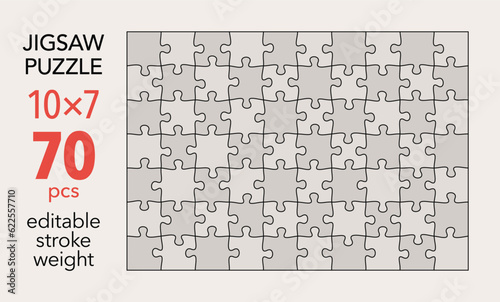 Empty jigsaw puzzle grid template, 10x7 shapes, 70 pieces. Separate matching puzzle elements. Flat vector illustration layout, every piece is a single shape.