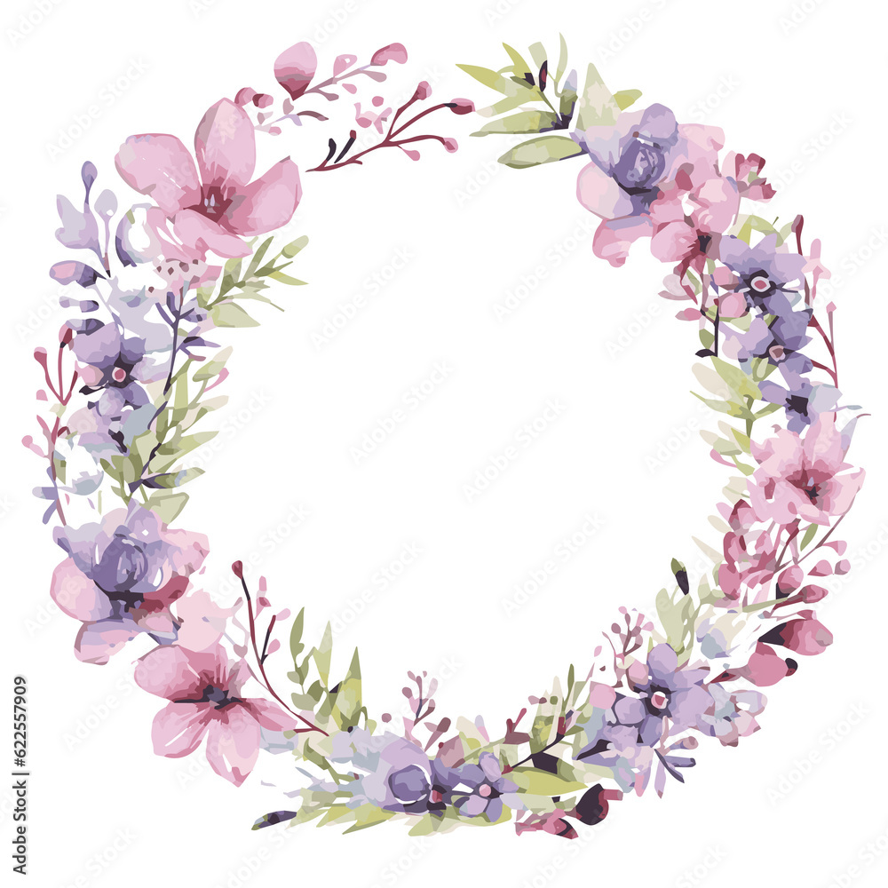 Spring Floral Round Frame, Watercolor Style, Transparent.