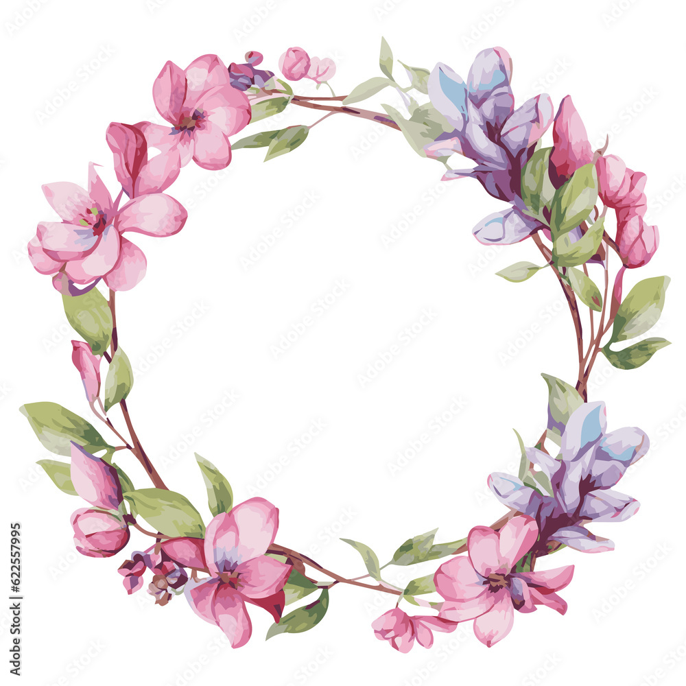 Spring Floral Round Frame, Watercolor Style, Transparent.