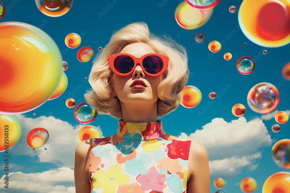 pop art style banner wallpaper of a beautiful girl model with retro vintage sunglasses and dress, vibrant colors, 70s mood iconic concept theme pop art style banner wallpaper of a beautiful girl model with retro vintage sunglasses and dress, vibrant colors, 70s mood iconic concept theme