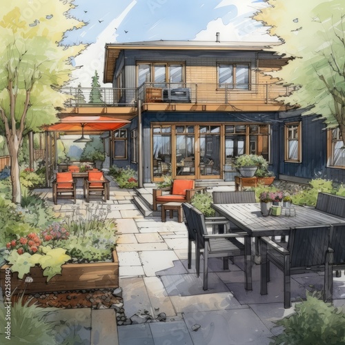There is a modern back patio with seating and entertainment area. (Illustration, Generative AI)