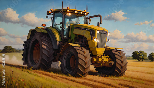 A tractor in a field during the hot summer.